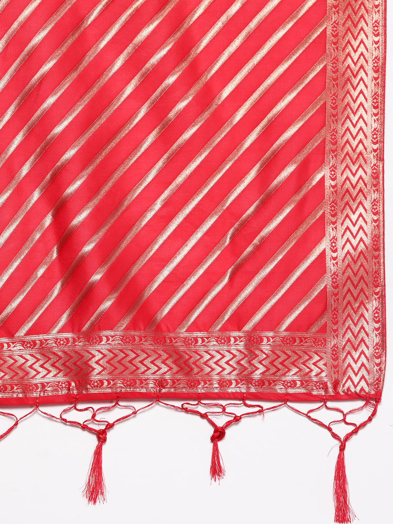 Red Solid Silk Blend Straight Kurta With Trousers & Dupatta