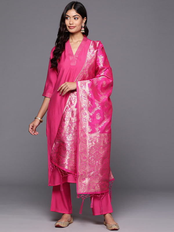 Pink Solid Silk Blend Straight Kurta With Trousers & Dupatta