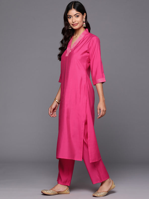 Pink Solid Silk Blend Straight Kurta With Trousers & Dupatta