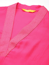 Pink Solid Silk Blend Straight Kurta With Trousers & Dupatta