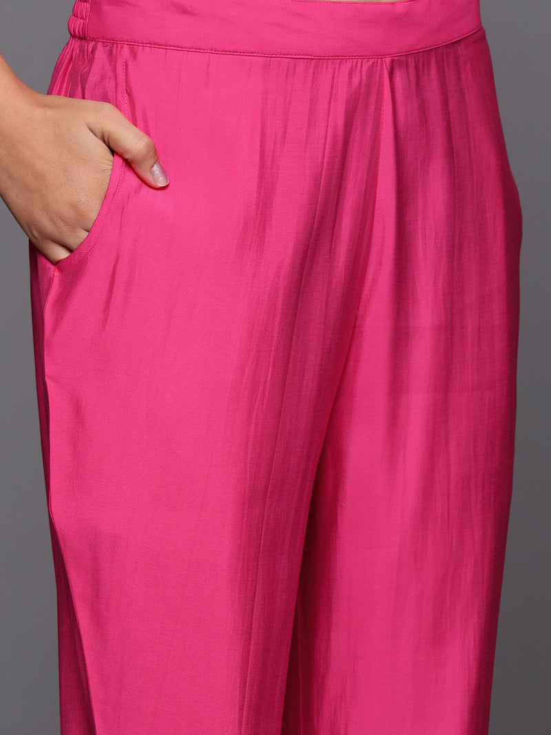 Pink Solid Silk Blend Straight Kurta With Trousers & Dupatta