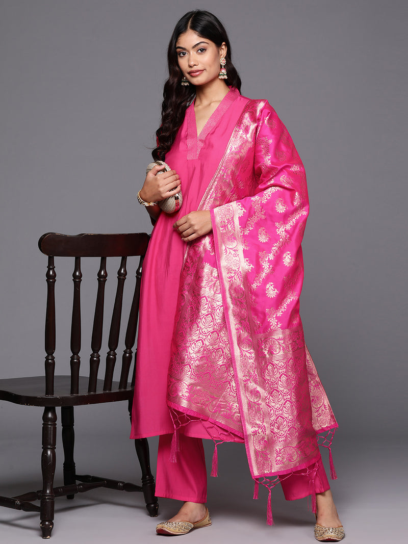 Pink Solid Silk Blend Straight Kurta With Trousers & Dupatta