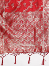 Red Solid Silk Blend Straight Kurta With Trousers & Dupatta