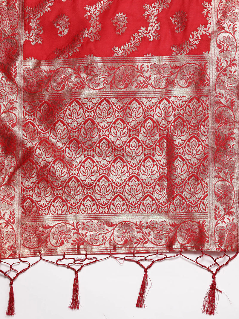 Red Solid Silk Blend Straight Kurta With Trousers & Dupatta