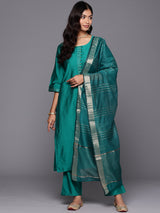 Rama Green Solid Silk Blend Straight Kurta With Trousers & Dupatta