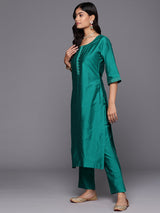Rama Green Solid Silk Blend Straight Kurta With Trousers & Dupatta