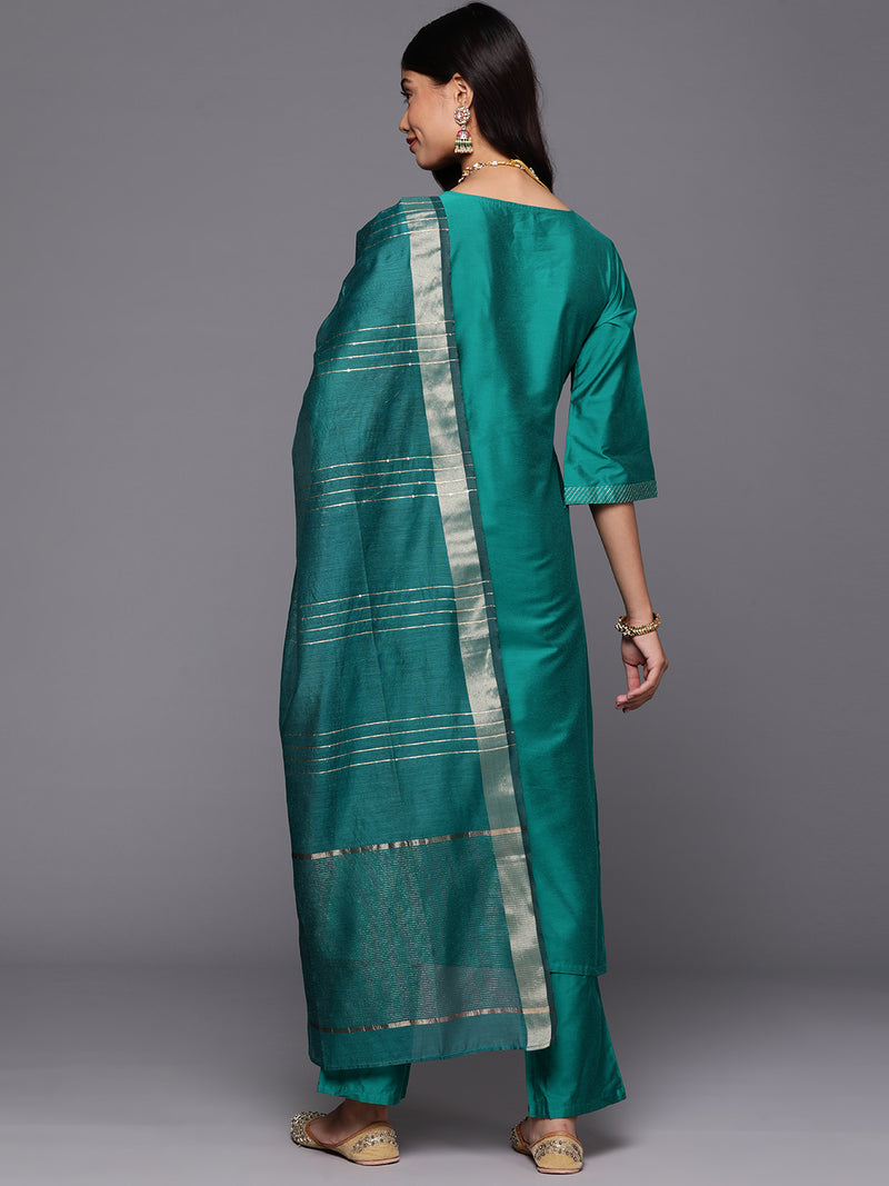 Rama Green Solid Silk Blend Straight Kurta With Trousers & Dupatta
