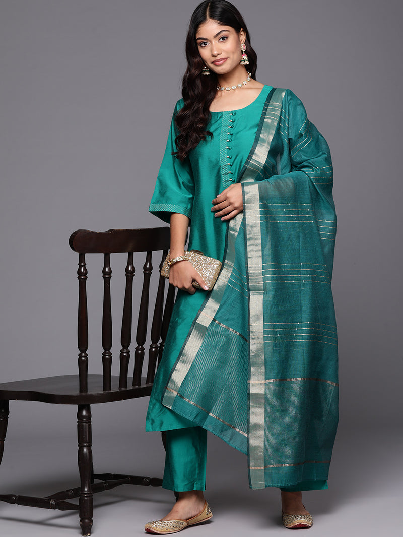 Rama Green Solid Silk Blend Straight Kurta With Trousers & Dupatta