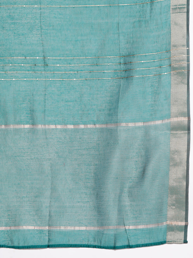 Rama Green Solid Silk Blend Straight Kurta With Trousers & Dupatta