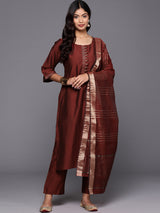 Maroon Solid Silk Blend Straight Kurta With Trousers & Dupatta