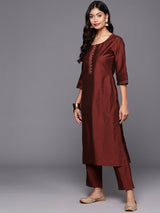 Maroon Solid Silk Blend Straight Kurta With Trousers & Dupatta