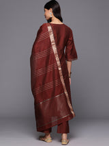 Maroon Solid Silk Blend Straight Kurta With Trousers & Dupatta