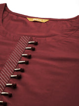 Maroon Solid Silk Blend Straight Kurta With Trousers & Dupatta