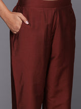 Maroon Solid Silk Blend Straight Kurta With Trousers & Dupatta