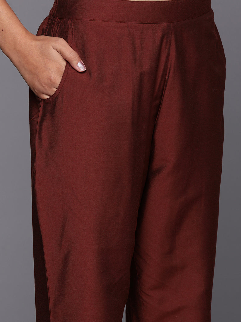 Maroon Solid Silk Blend Straight Kurta With Trousers & Dupatta