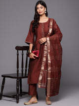 Maroon Solid Silk Blend Straight Kurta With Trousers & Dupatta