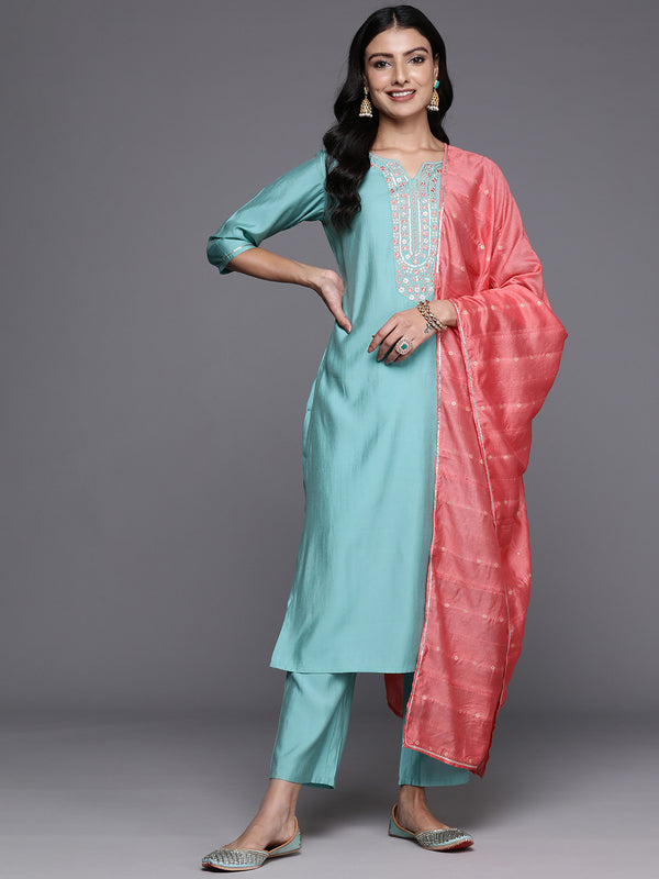 Blue Yoke Design Silk Blend Straight Kurta With Trousers & Dupatta