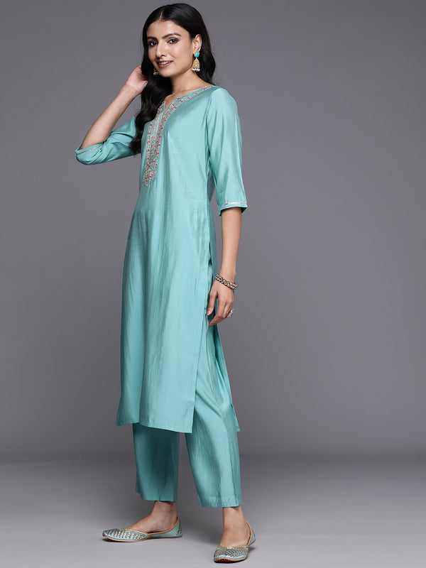 Blue Yoke Design Silk Blend Straight Kurta With Trousers & Dupatta