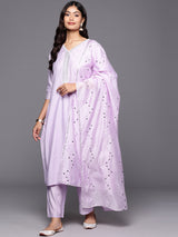 Lavender Yoke Design Silk Blend Straight Kurta With Trousers & Dupatta