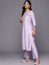 Lavender Yoke Design Silk Blend Straight Kurta With Trousers & Dupatta