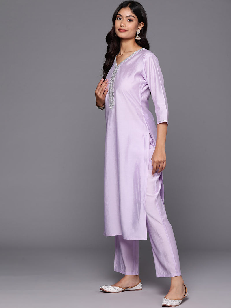 Lavender Yoke Design Silk Blend Straight Kurta With Trousers & Dupatta