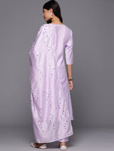 Lavender Yoke Design Silk Blend Straight Kurta With Trousers & Dupatta