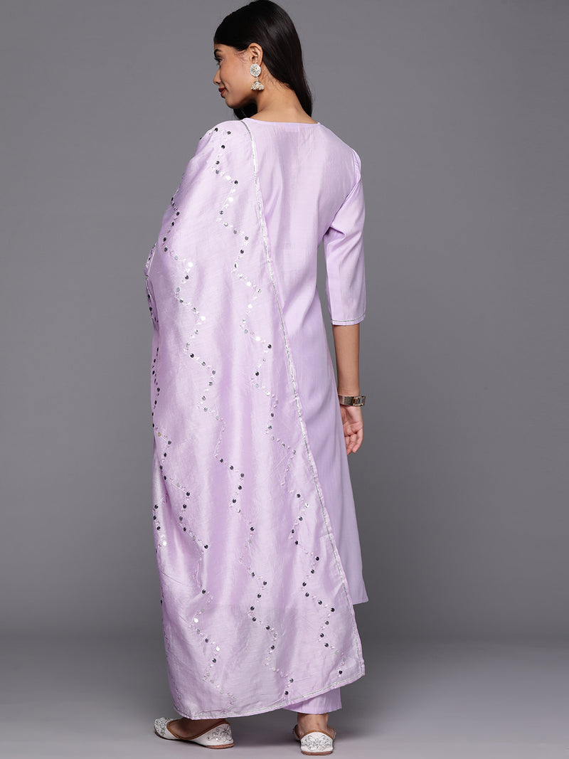 Lavender Yoke Design Silk Blend Straight Kurta With Trousers & Dupatta