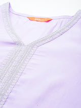 Lavender Yoke Design Silk Blend Straight Kurta With Trousers & Dupatta