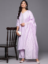 Lavender Yoke Design Silk Blend Straight Kurta With Trousers & Dupatta