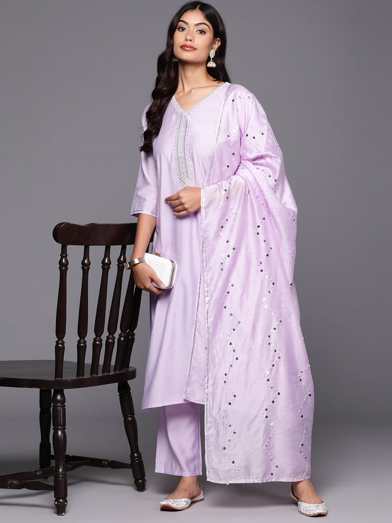 Lavender Yoke Design Silk Blend Straight Kurta With Trousers & Dupatta