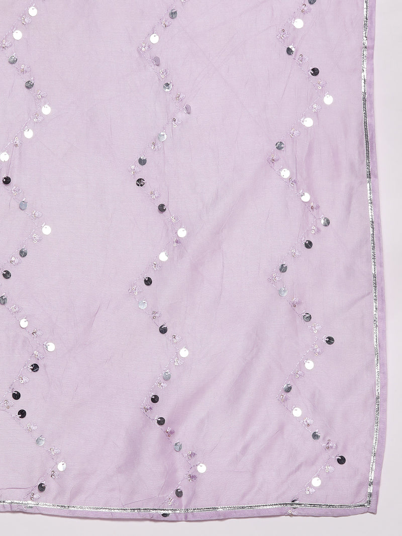 Lavender Yoke Design Silk Blend Straight Kurta With Trousers & Dupatta