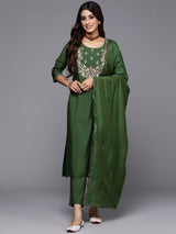Green Yoke Design Silk Blend Straight Kurta With Trousers & Dupatta