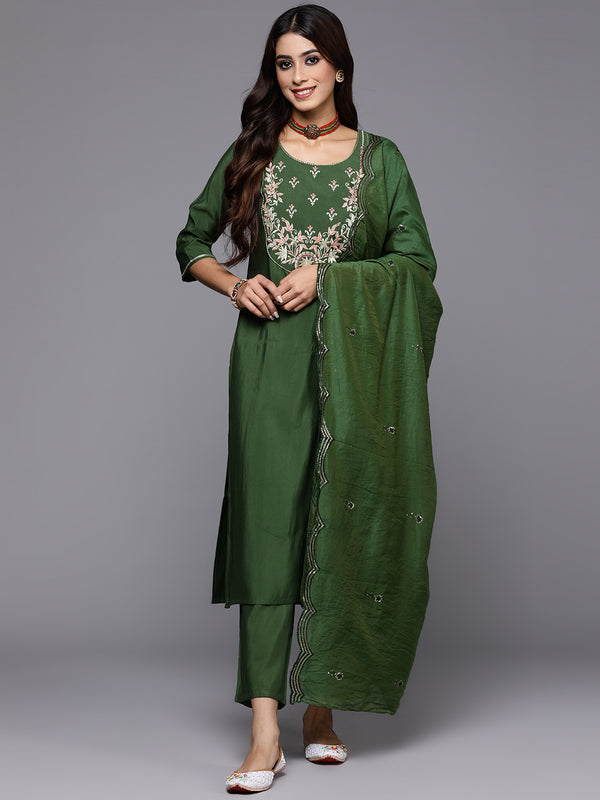 Green Yoke Design Silk Blend Straight Kurta With Trousers & Dupatta