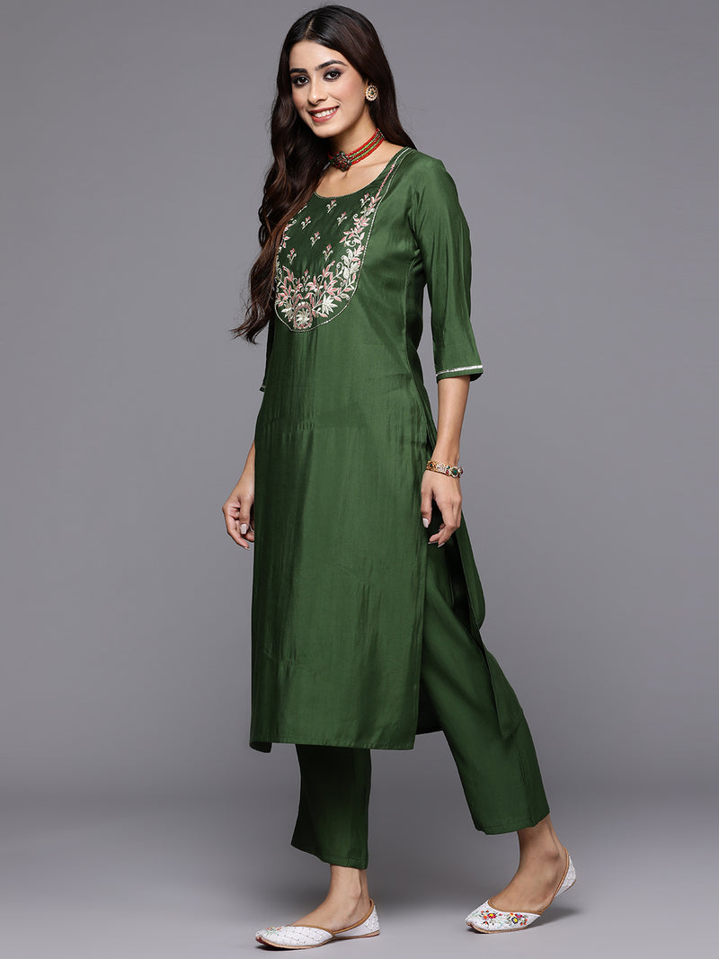 Green Yoke Design Silk Blend Straight Kurta With Trousers & Dupatta
