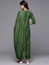 Green Yoke Design Silk Blend Straight Kurta With Trousers & Dupatta