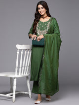 Green Yoke Design Silk Blend Straight Kurta With Trousers & Dupatta