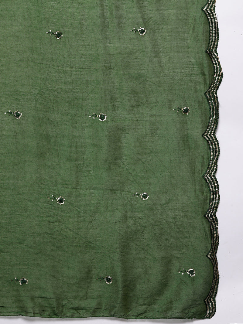 Green Yoke Design Silk Blend Straight Kurta With Trousers & Dupatta