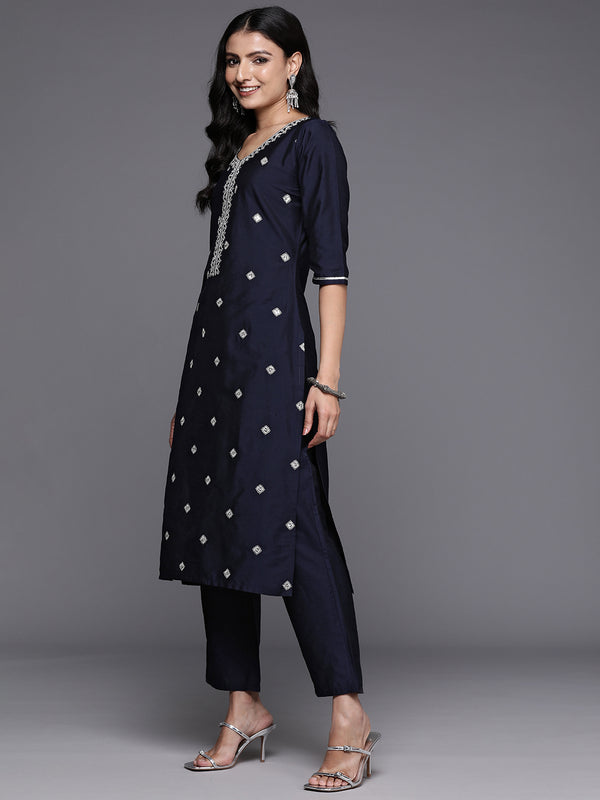 Blue Yoke Design Silk Blend Straight Kurta With Trousers & Dupatta