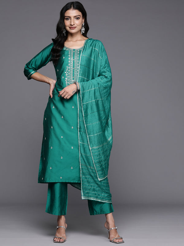 Green Yoke Design Silk Blend Straight Kurta With Trousers & Dupatta