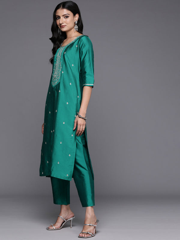 Green Yoke Design Silk Blend Straight Kurta With Trousers & Dupatta