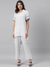 White Printed Rayon Kurta Set