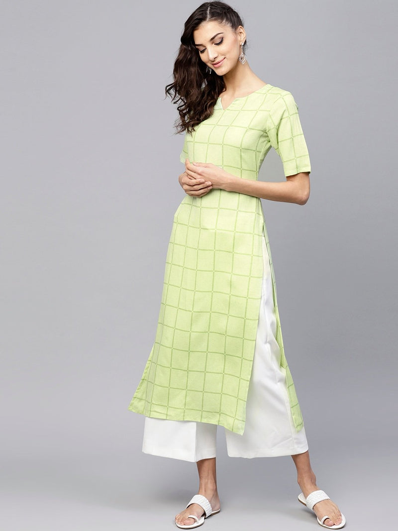Green Checkered Rayon Kurta
