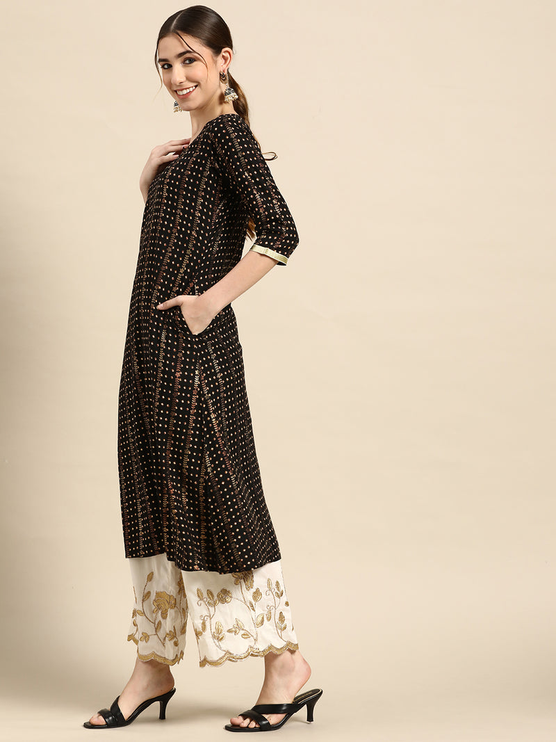 Black Printed Viscose Rayon Kurta