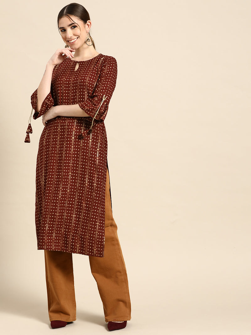 Maroon Printed Viscose Rayon Kurta
