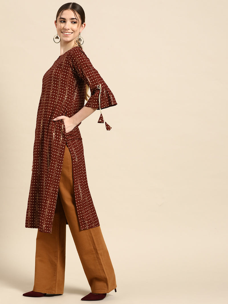 Maroon Printed Viscose Rayon Kurta
