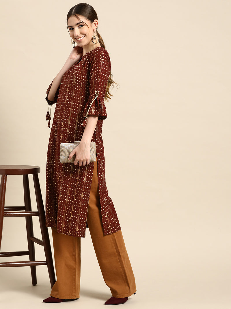 Maroon Printed Viscose Rayon Kurta