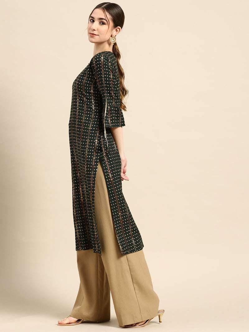 Green Printed Viscose Rayon Kurta
