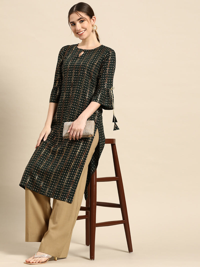 Green Printed Viscose Rayon Kurta