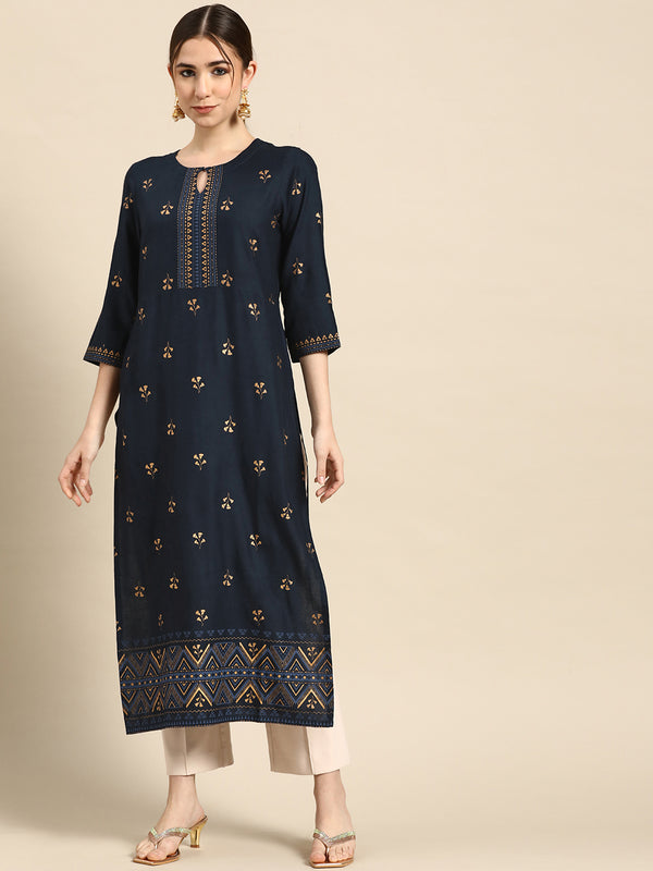 Navy Blue Printed Viscose Rayon Kurta