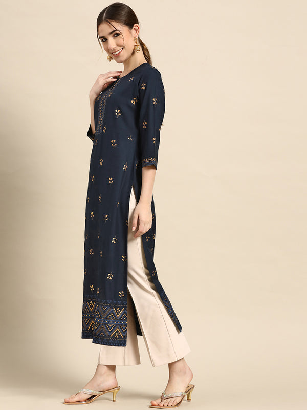 Navy Blue Printed Viscose Rayon Kurta